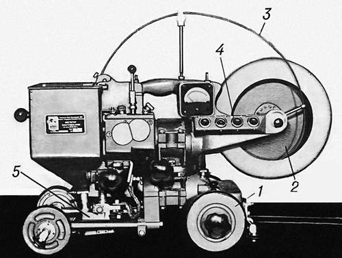 Сварочный трактор: 1 — ходовая тележка; 2 — катушка; 3 — электродная проволока; 4 — пульт управления; 5 — головка.