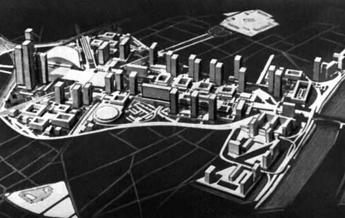 Проект застройки нового делового центра Парижа у площади Дефанс (архитекторы Р. Эрбе, Р. Озель, Р. Камело, Ж. де Майи, Б. Зерфюсс и др.) и прилегающих территорий по берегу Сены. Нач. 1960-х гг. Макет.