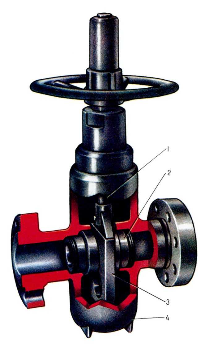  Pис. 3. Задвижка: 1 - шпиндель; 2 - седло; 3 - затвор; 4 - корпус