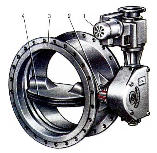  Pис. 4. Заслонка: 1 - электропривод; 2 - шпиндель; 3 - корпус; 4 - затвор