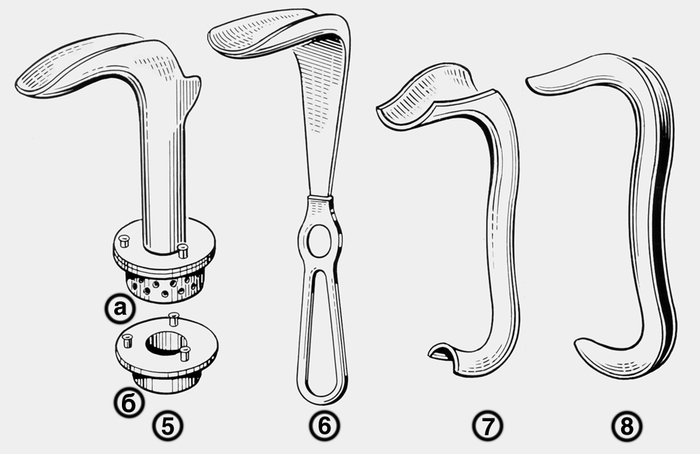 Рис. 2. Акушерско-гинекологические инструменты: зеркало влагалищное для диагностических выскабливаний (5), зеркало влагалищное Дуайена (6), зеркало влагалищное Мартини (7), зеркало влагалищное Симса (8)