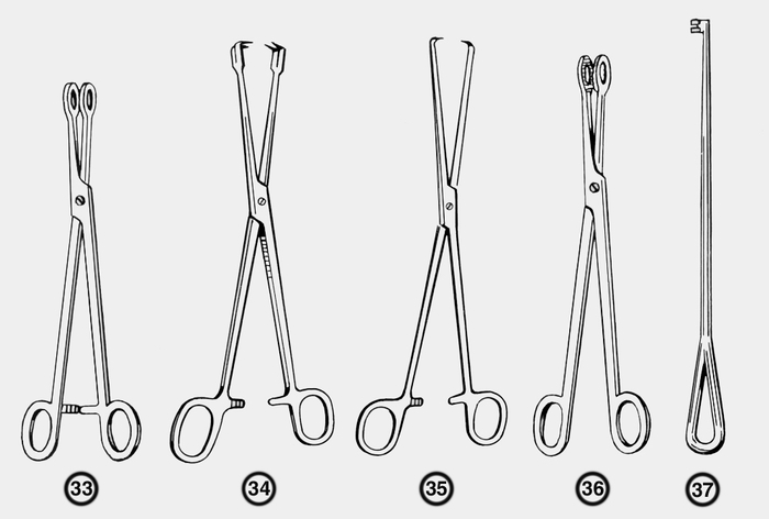 Рис. 7. Акушерско-гинекологические инструменты: щипцы для удаления плодного яйца, прямые — <a href=