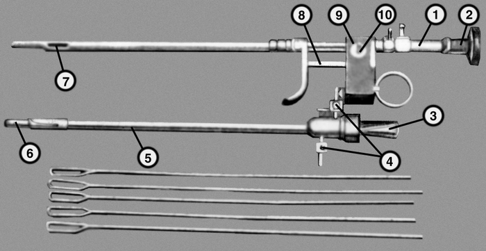 Рис. 2. Цисторезектоскоп Цир-ВС-1 с волоконным световодом и набором гибких инструментов: вверху — трубка с оптической системой (рабочая часть ствола в собранном виде); посередине — ствол цисторезектоскопа с введенным обтуратором; внизу — <a href=