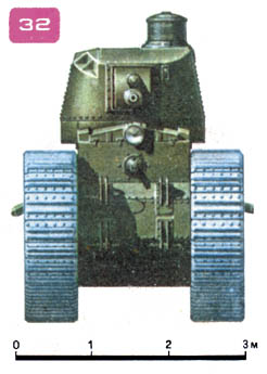 Рис. 32. Французский тяжелый танк 2С. Боевая масса - 68 т. Экипаж - 13 человек. Вооружение - одно 75-мм орудие, четыре пулемета. Бронирование: лоб корпуса - 30 мм, борт - 22 мм, башня - 37 мм. Два двигателя 