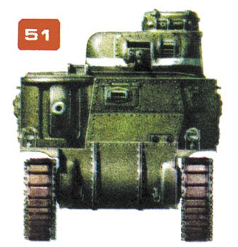 Рис. 51. Американский средний танк МЗА2. Боевая масса - 27 т. Экипаж - 7 чел. Вооружение - одна 75-мм и одна 37-мм пушки, четыре 7,62-мм пулемета. Толщина брони: лоб корпуса - 51 мм, борт - 38 мм, башня - 57 мм. Двигатель - Континенталь R975EC2, 340 л.с. Скорость по шоссе - 42 км/ч.
