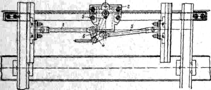 Он состоит из двух упорных штанг 1 и 5, с одной стороны соединенных отдельно с каждым из остряков стрелки, а с другой — заканчивающихся фасонными упорными головками, к-рые при помощи двух кулачков 4 и 6 соединяются с рычагом 5, получающим движение от стрелочного привода. Остряк, прижатый к рамному рельсу, запирается упорной штангой, располагающейся между остряком и чугунной упорной станиной 2. С. з. р. при взрезе не повреждается и не допускает поломки стрелочных остряков, т. к. набегающая <a href=